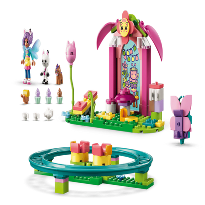 All 137 pieces of the LEGO Fairy Roller Coaster and Tea Party laid out beside the finished build