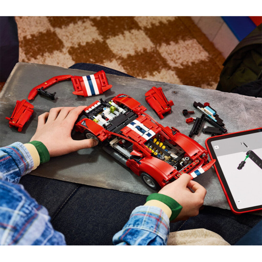 Rear three-quarter view of the LEGO Ferrari 488 Pista 42235 showing the quad exhaust