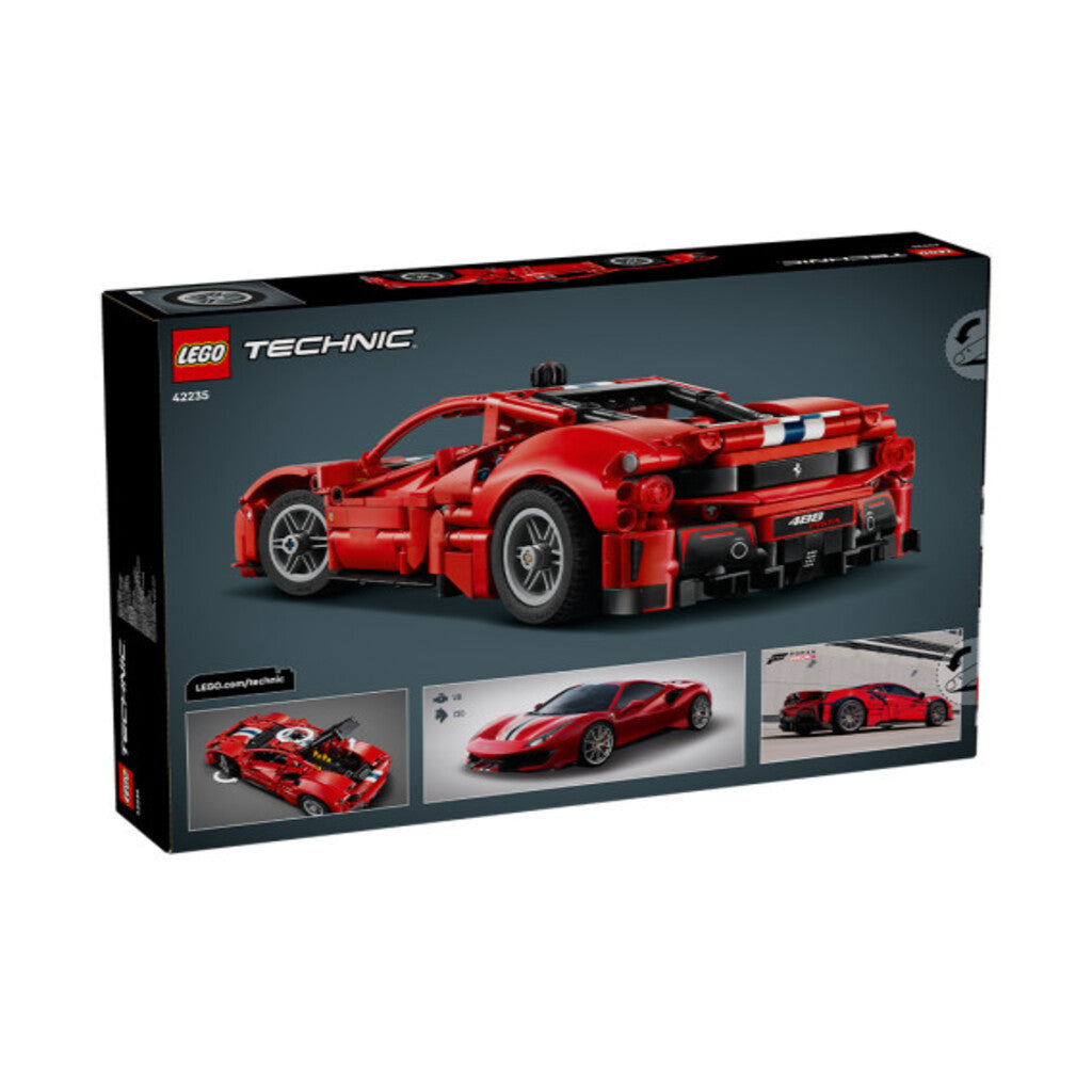 Side view of the 28cm long LEGO 42235 Ferrari 488 Pista shown against its packaging for scale