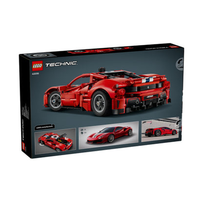 Side view of the 28cm long LEGO 42235 Ferrari 488 Pista shown against its packaging for scale