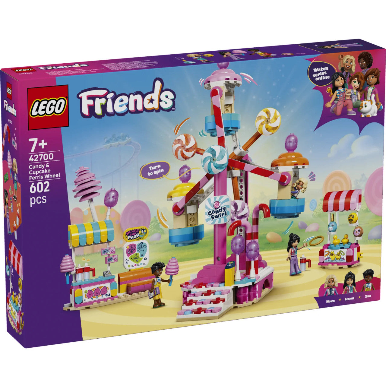 LEGO® Friends Candy & Cupcake Ferris Wheel 42700 featuring Nova, Liann, Zac, spinning Ferris wheel, ring toss game and candy-themed fairground attractions
