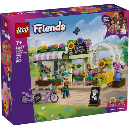 LEGO® Friends Creative Flower Shop 42693 featuring Nova, Astrid, colourful flower displays, tandem bicycle and flower shop storefront