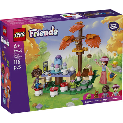 LEGO® Friends Forest Tea Party 42690 featuring Aliya, Paisley, woodland animals, fairy door, mushrooms and tea party accessories