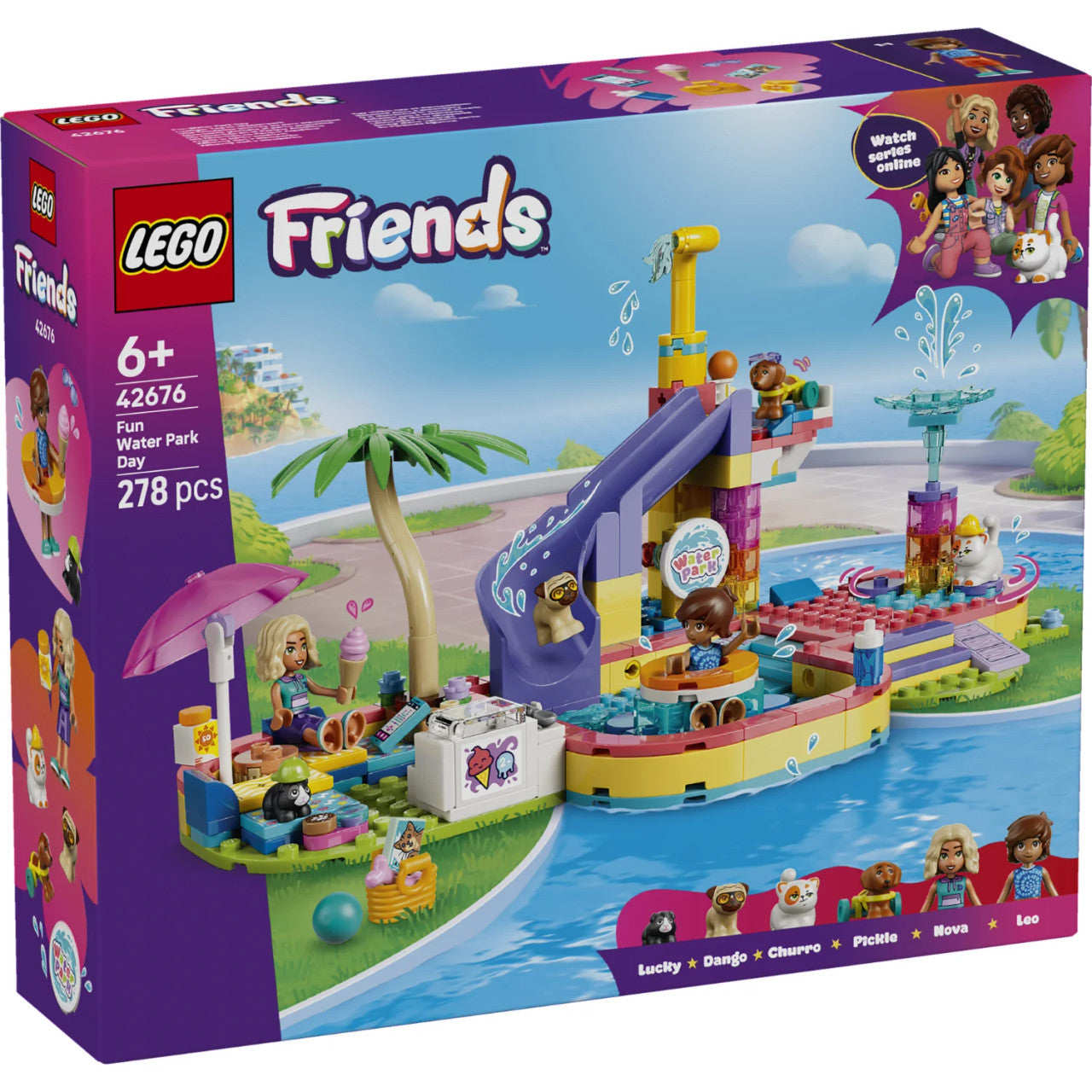 LEGO® Friends Fun Water Park Day 42676 featuring Nova, Leo, four pets, water slide, fountain and pool play areas