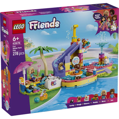 LEGO® Friends Fun Water Park Day 42676 featuring Nova, Leo, four pets, water slide, fountain and pool play areas