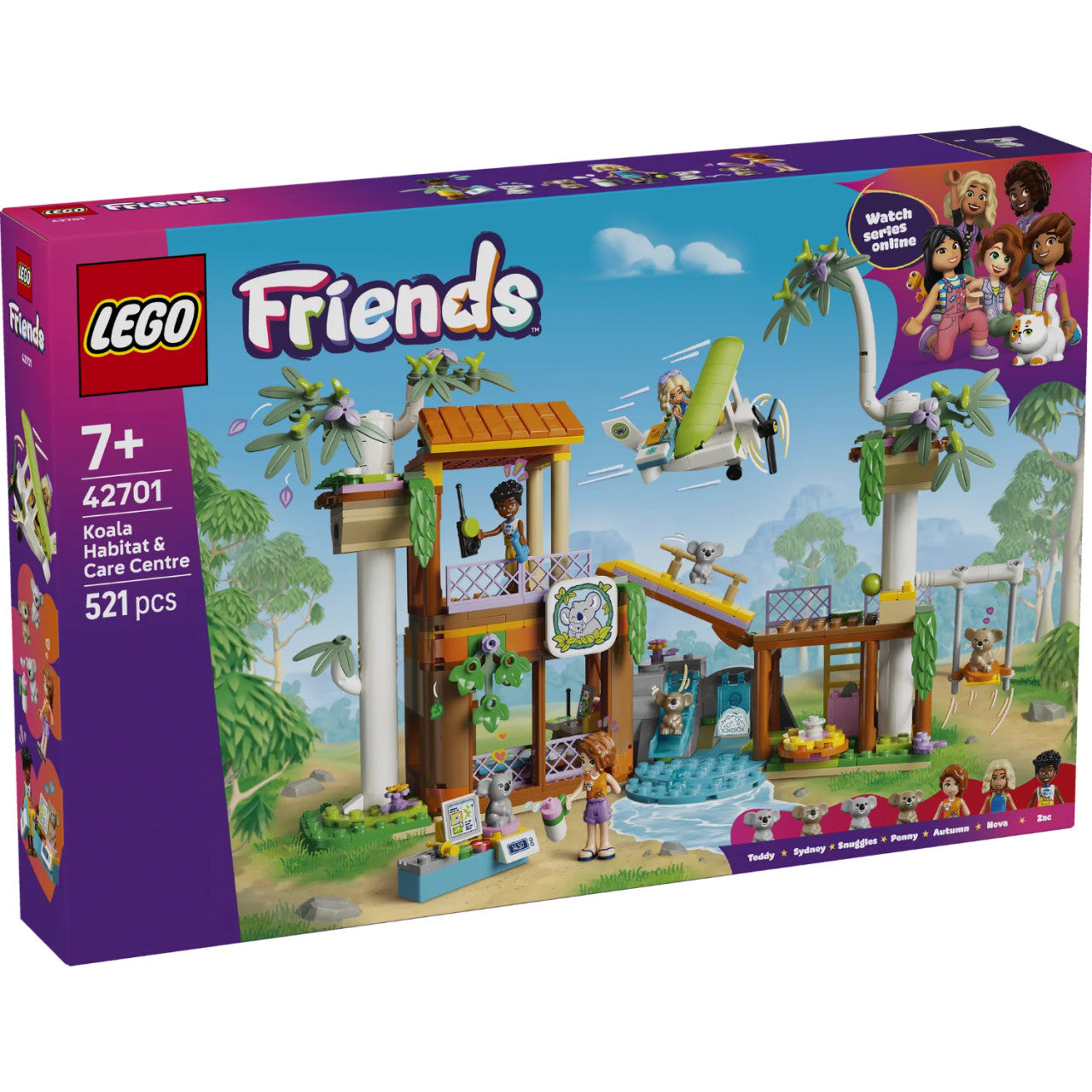 LEGO® Friends Koala Habitat & Care Center 42701 featuring Autumn, Zac, Nova, rescue plane, koalas, treehouses and veterinary care station