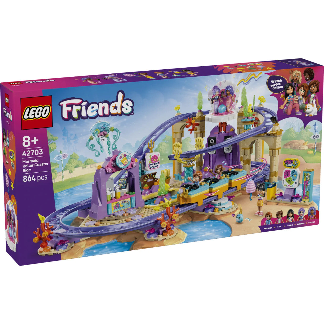 LEGO® Friends Mermaid Roller Coaster Ride 42703 featuring Autumn, Leo, Liann, mermaids Serina and Azuria, working roller coaster and amusement park attractions