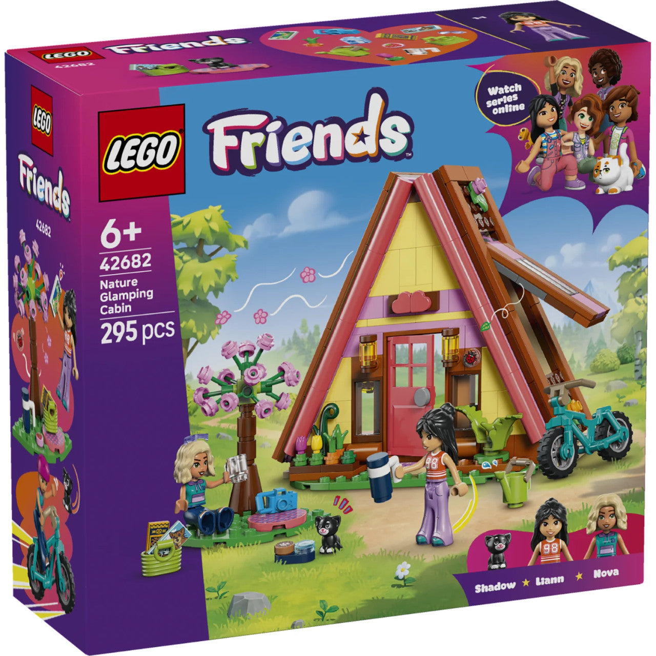 LEGO® Friends Nature Glamping Cabin 42682 featuring Nova, Liann, cat figure, A-frame cabin, bicycle and outdoor campsite accessories