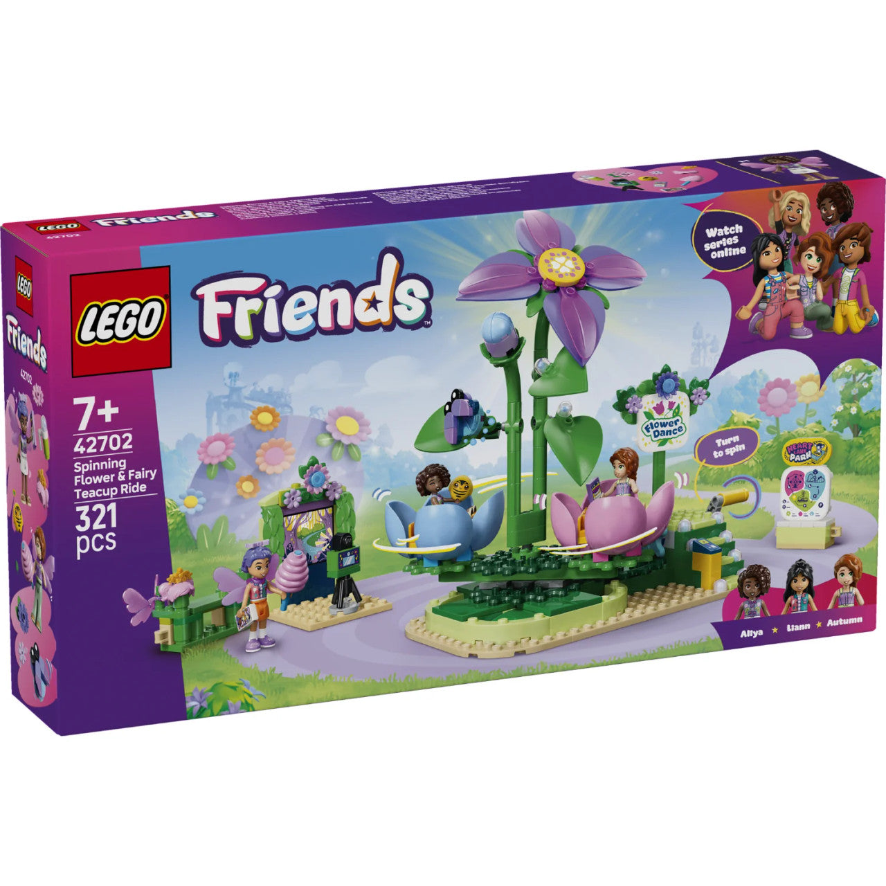 LEGO® Friends Spinning Flower & Fairy Teacup Ride 42702 featuring Aliya, Liann, Autumn, spinning flower ride and fairy-themed photo booth