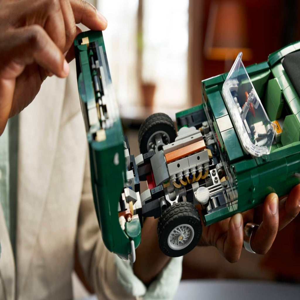 LEGO Jaguar E-Type 11381 shown from a low front angle to highlight its long bonnet profile