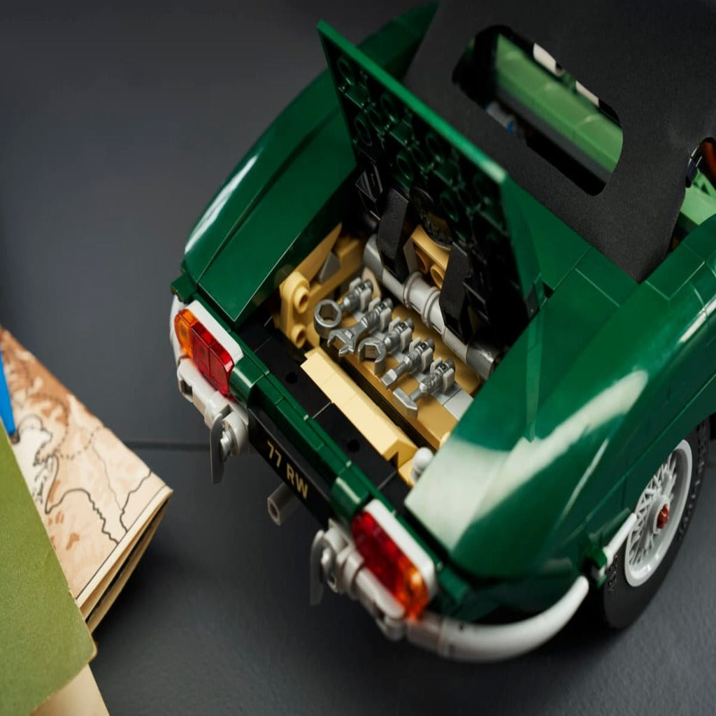 Interior of the LEGO Jaguar E-Type showing the brick-built seats, dashboard and steering wheel