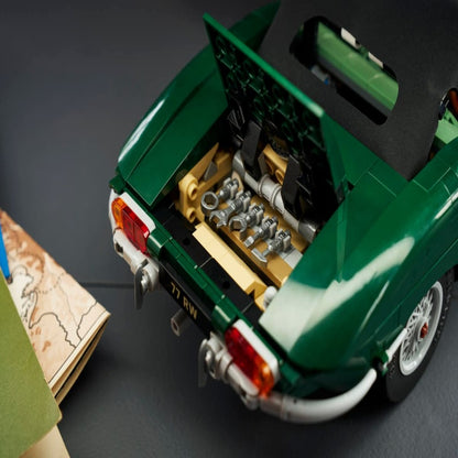 Interior of the LEGO Jaguar E-Type showing the brick-built seats, dashboard and steering wheel
