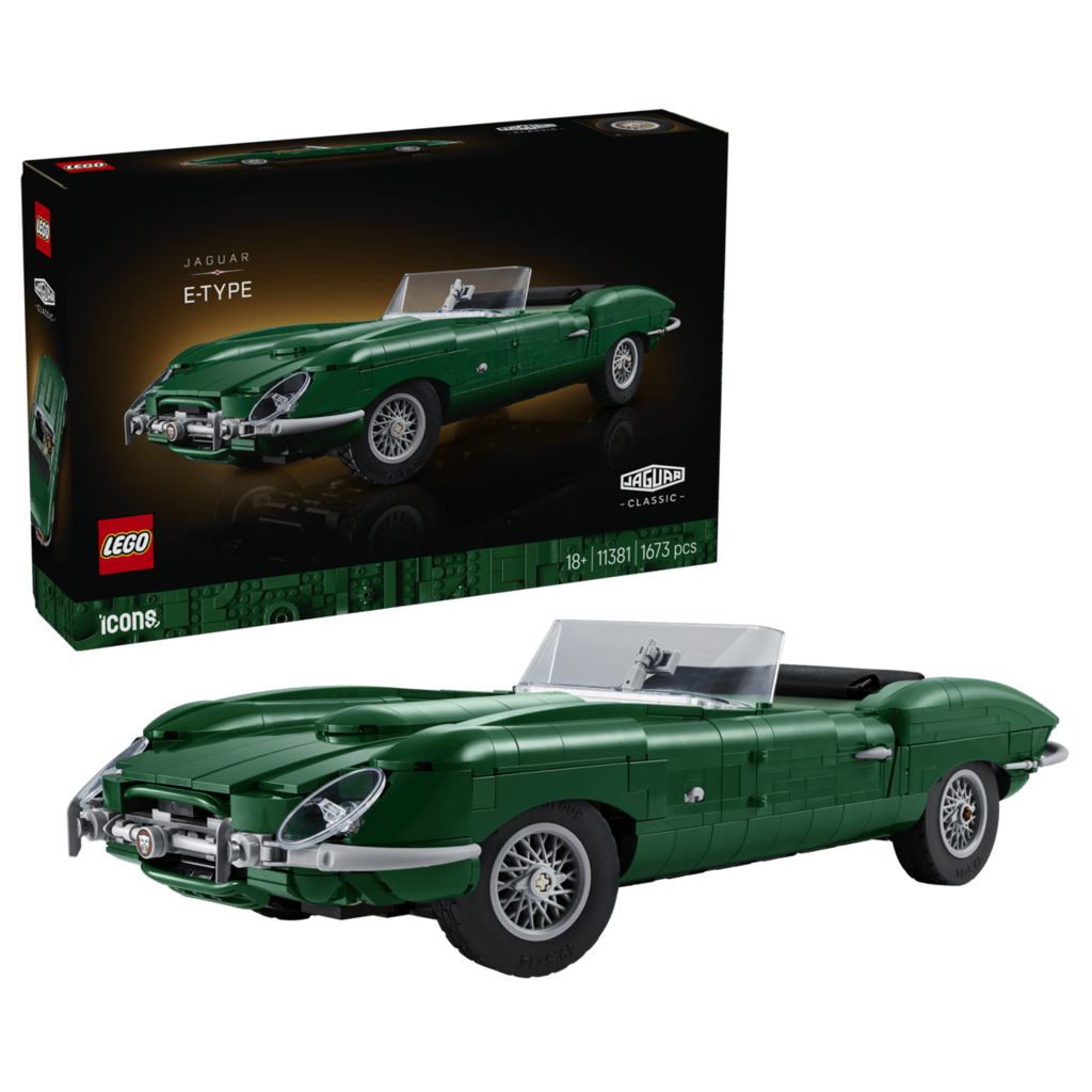 Packaging artwork for the LEGO Jaguar E-Type 11381 1,673-piece model car building set