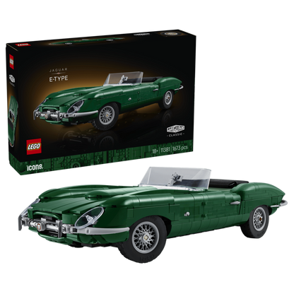 Packaging artwork for the LEGO Jaguar E-Type 11381 1,673-piece model car building set