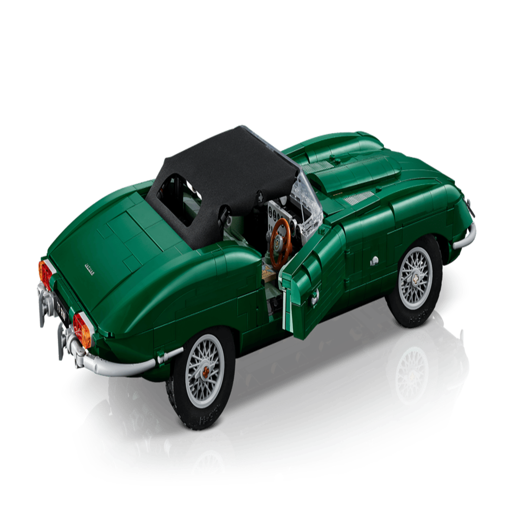 Part-built LEGO Jaguar E-Type chassis showing the internal frame before the panels are added