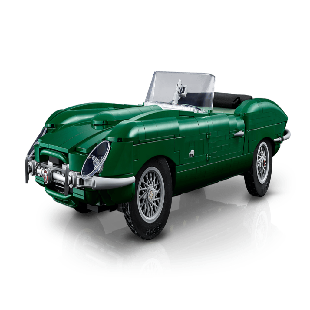 Side profile of the LEGO 11381 Jaguar E-Type showing the 37cm length of the finished model