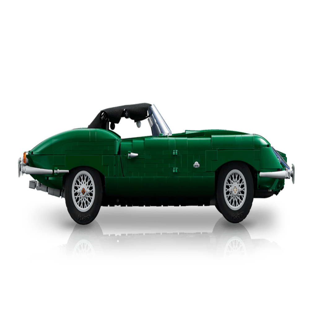 Close-up of the long bonnet and headlight detail on the 1,673-piece LEGO Jaguar E-Type model