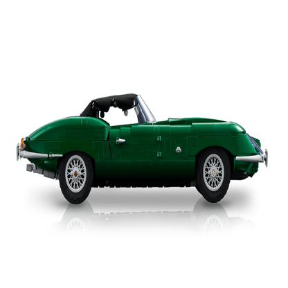 Close-up of the long bonnet and headlight detail on the 1,673-piece LEGO Jaguar E-Type model
