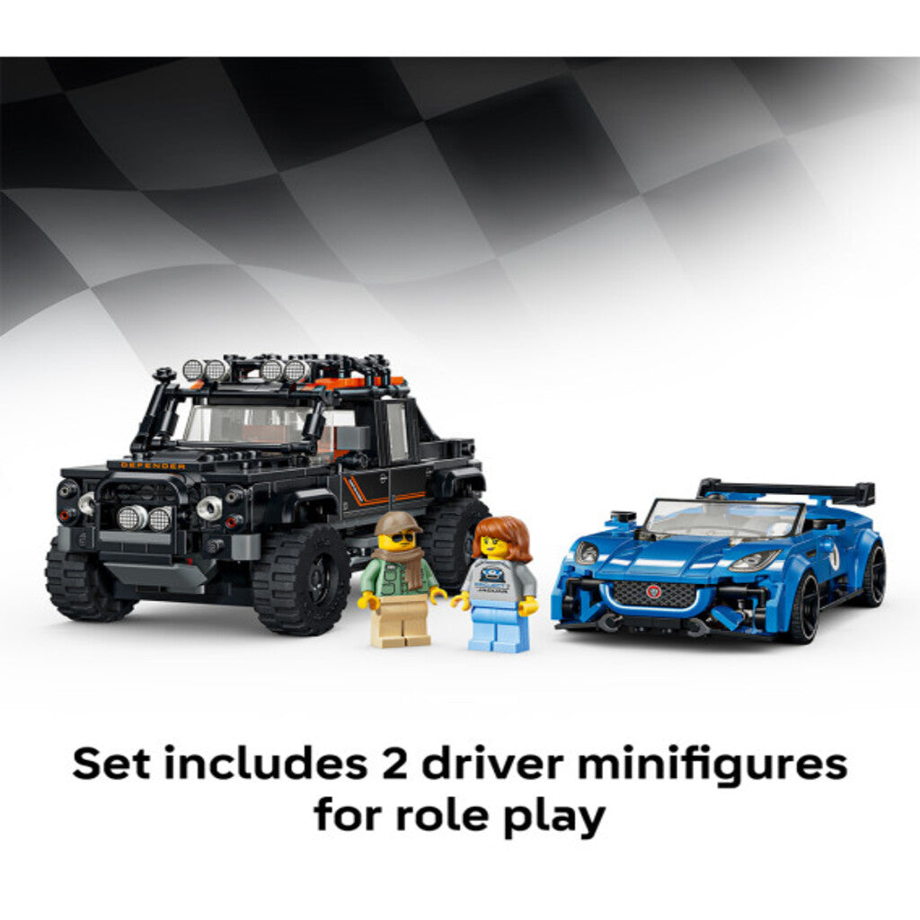 LEGO Land Rover Defender from set 77264 displayed on a shelf beside the Jaguar Project 7