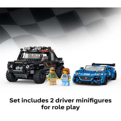 LEGO Land Rover Defender from set 77264 displayed on a shelf beside the Jaguar Project 7