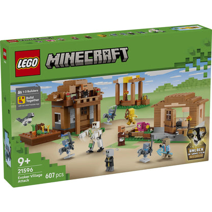 LEGO® Minecraft® Evoker Village Attack 21596 featuring village buildings, Iron Golem, Evoker, Vexes and Minecraft® characters
