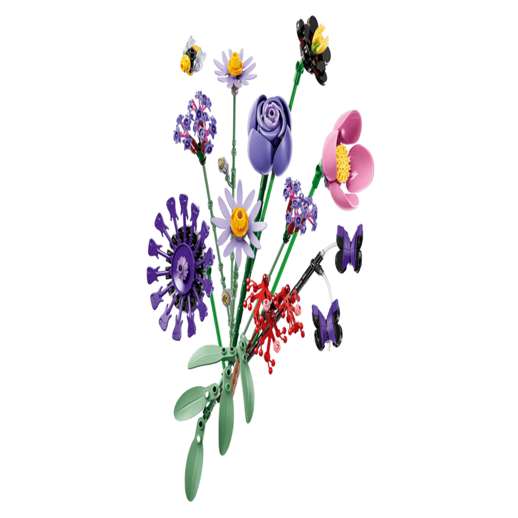 Close-up of the individual brick-built blooms and stems in the LEGO 11507 flower bouquet