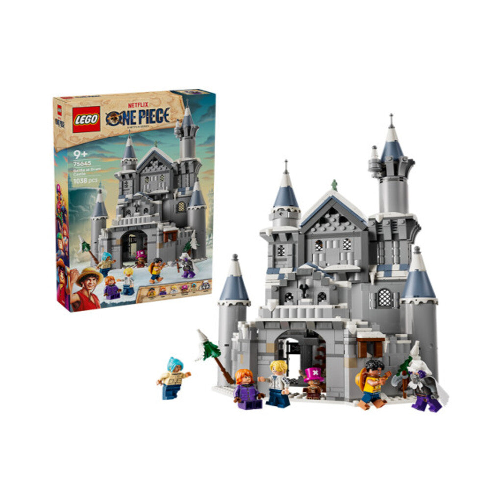 Close-up of the castle towers and snow-capped detailing on the 1,038-piece LEGO 75645 build