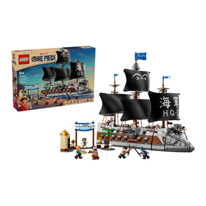Close-up of the figurehead and cannon detail on the 1,705-piece LEGO Marine Battleship model