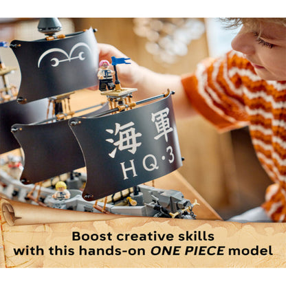 Bow and figurehead of the LEGO One Piece Garp's Marine Battleship 75646 seen head-on