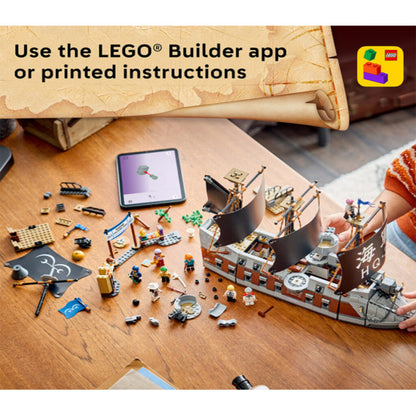 LEGO Garp's Marine Battleship displayed on a shelf as part of a One Piece collection at home