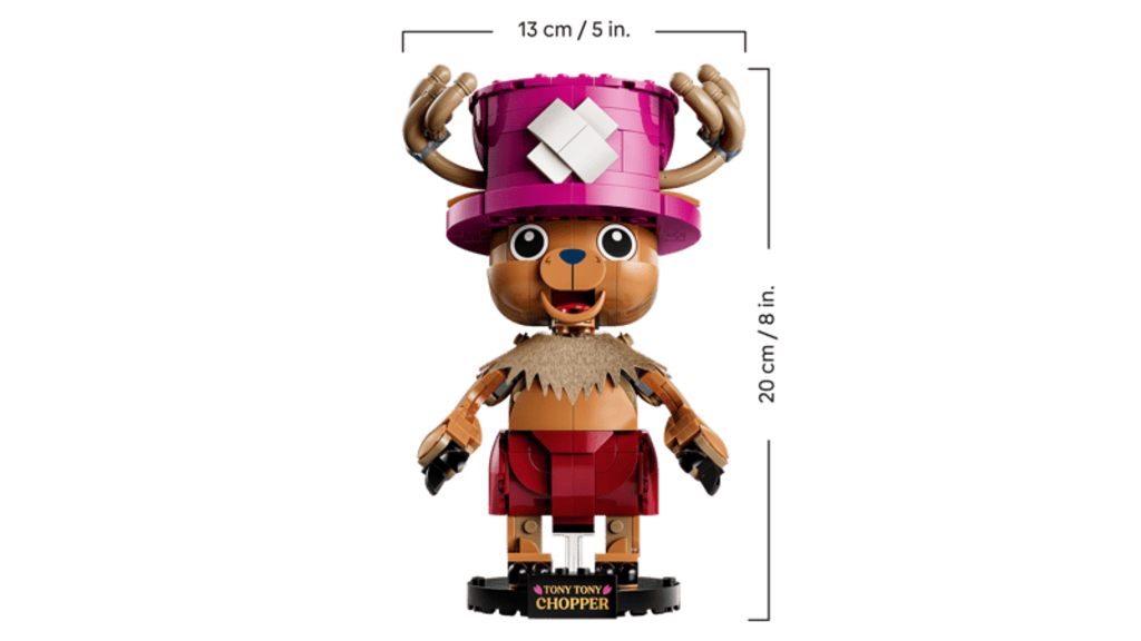 Side view of the 19cm tall LEGO One Piece Chopper model shown beside its packaging