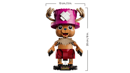 Side view of the 19cm tall LEGO One Piece Chopper model shown beside its packaging