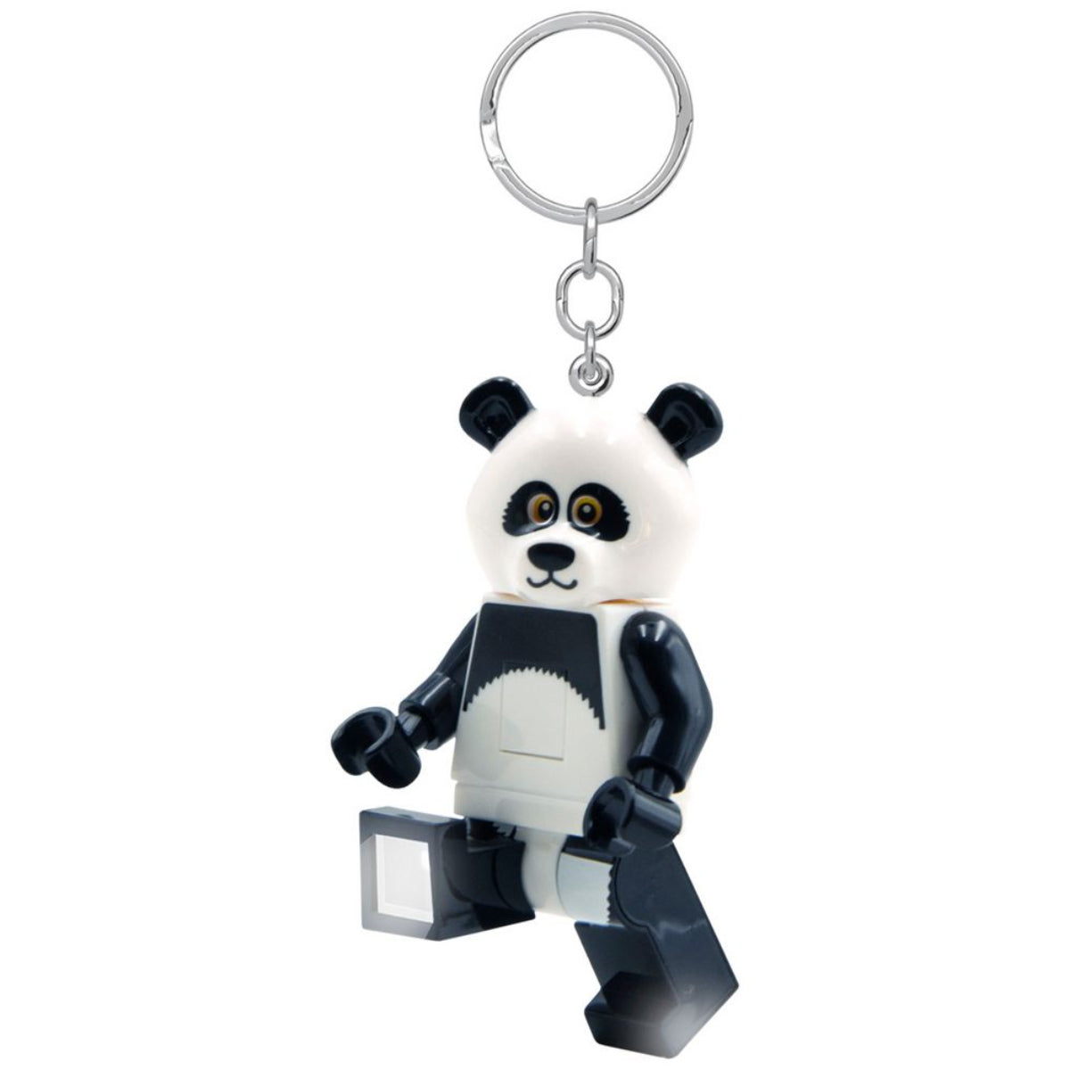 LEGO Panda Guy LED Keychain Light with movable arms and legs, featuring LED lights in both feet and attached keyring