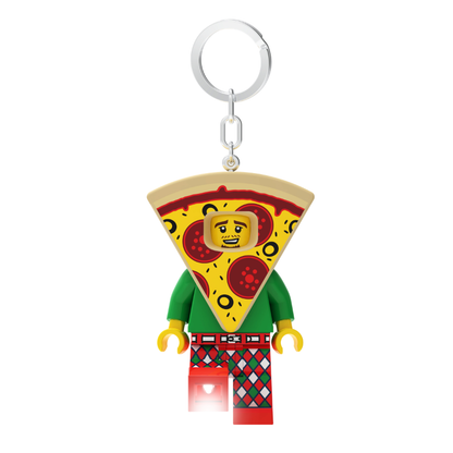 LEGO pizza slice keychain with a character face on a white background