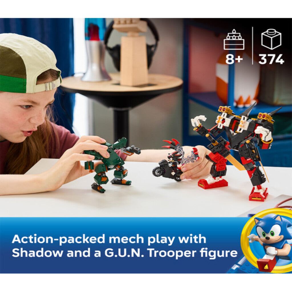 Both 374-piece LEGO Sonic 77120 mech models shown beside the box for a scale reference
