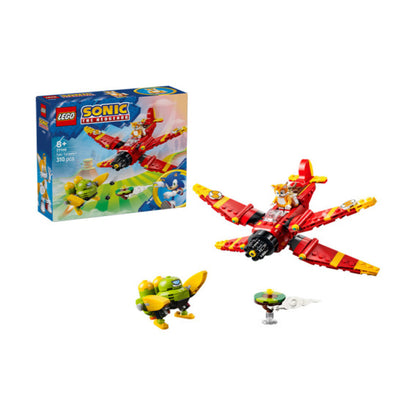 All 310 pieces of the LEGO Sonic Tails' Tornado-1 77119 set laid out before building