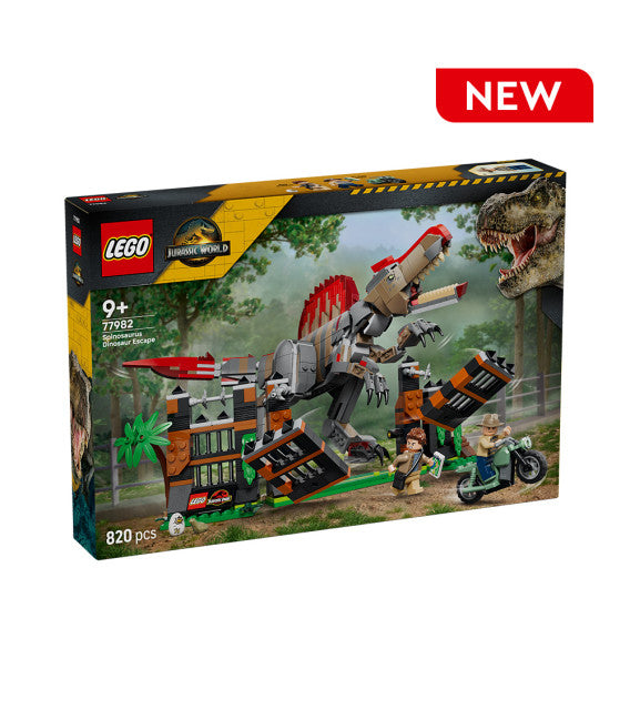 Packaging artwork for the LEGO Spinosaurus Dinosaur Escape 77982 820-piece building set