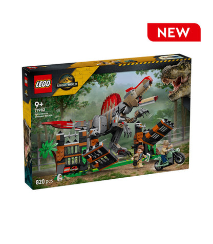 Packaging artwork for the LEGO Spinosaurus Dinosaur Escape 77982 820-piece building set
