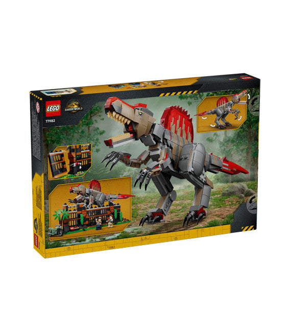 Close-up of the sail spines and jaw detail on the 820-piece LEGO Spinosaurus model