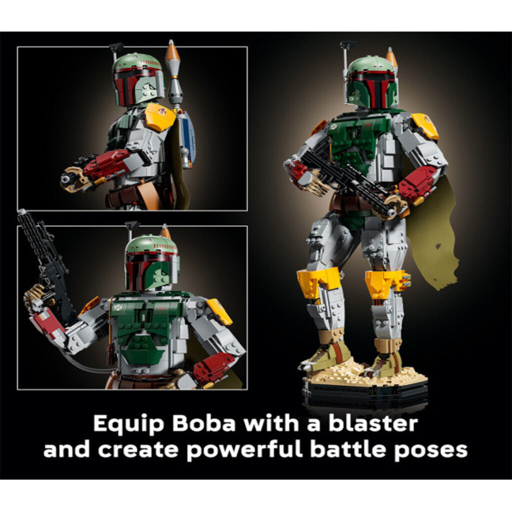 Posable arm and blaster detail on the 1,544-piece LEGO Star Wars Boba Fett model
