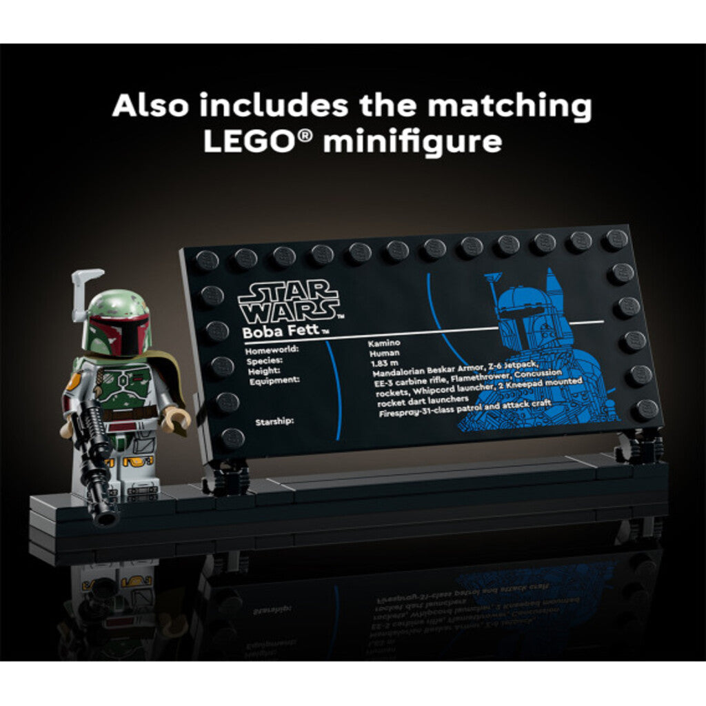 Rear view of the LEGO Star Wars Boba Fett 75455 model showing the jetpack detail