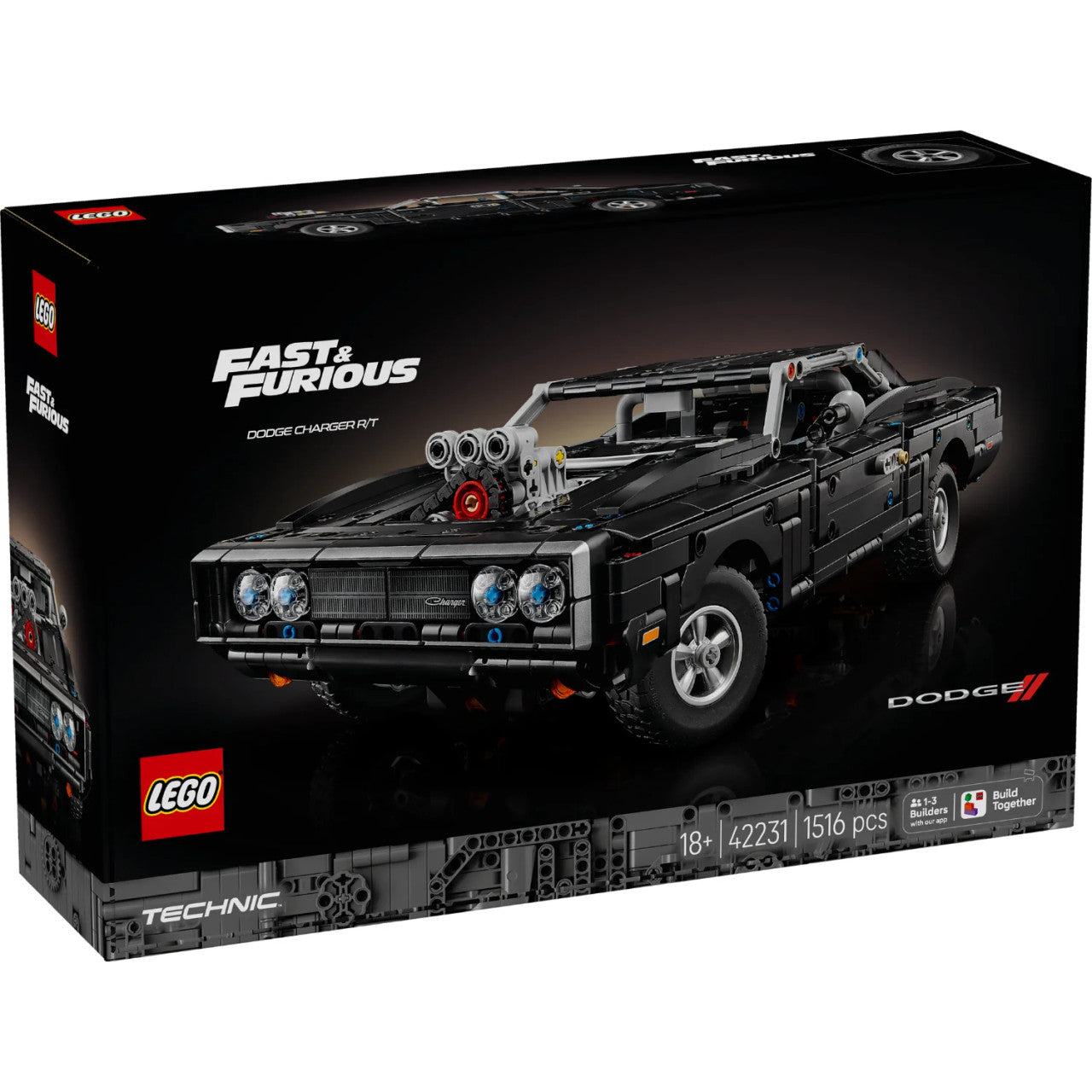 LEGO® Technic™ Fast & Furious Dodge Charger R/T Car 42231 featuring Dominic Toretto's iconic black muscle car with detailed V8 engine