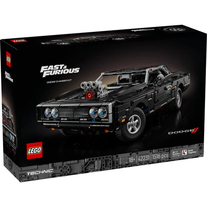 LEGO® Technic™ Fast & Furious Dodge Charger R/T Car 42231 featuring Dominic Toretto's iconic black muscle car with detailed V8 engine