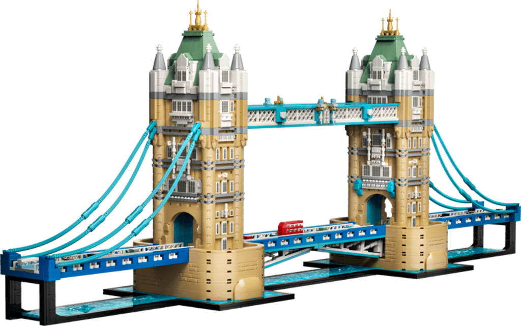 Close-up of the twin towers and suspension detail on the 3,745-piece LEGO Tower Bridge model