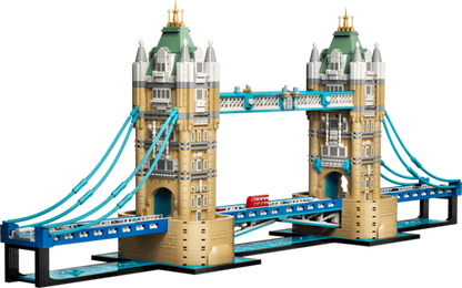 Close-up of the twin towers and suspension detail on the 3,745-piece LEGO Tower Bridge model