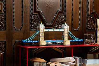 Low angle view along the roadway deck of the LEGO Tower Bridge Architecture model