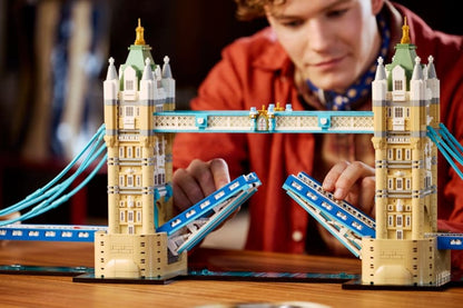 Angled end-on view of the LEGO Tower Bridge showing the depth of the finished model