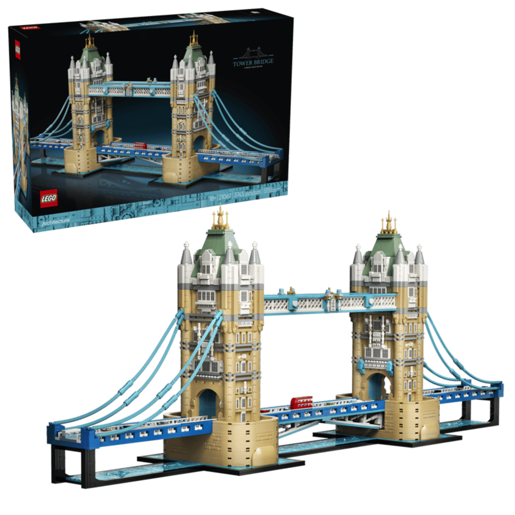 LEGO Tower Bridge 21067 displayed along a sideboard in a living room as a centrepiece model