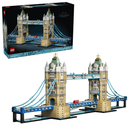 LEGO Tower Bridge 21067 displayed along a sideboard in a living room as a centrepiece model