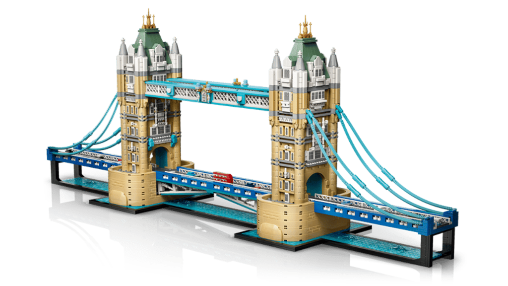 Full 89cm span of the finished LEGO Tower Bridge shown next to the box for scale reference